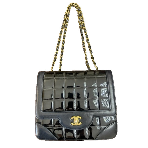 CHANEL CC Lambskin Black Gold Patent Leather Chocolate Bar Flap Bag Chain - Picture 1 of 16